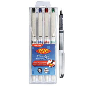 Pochette de 4 Rollers uni-ball EYE NEEDLE POINT 0,7 mm assortis (Noir, Bleu, Rouge, Vert)