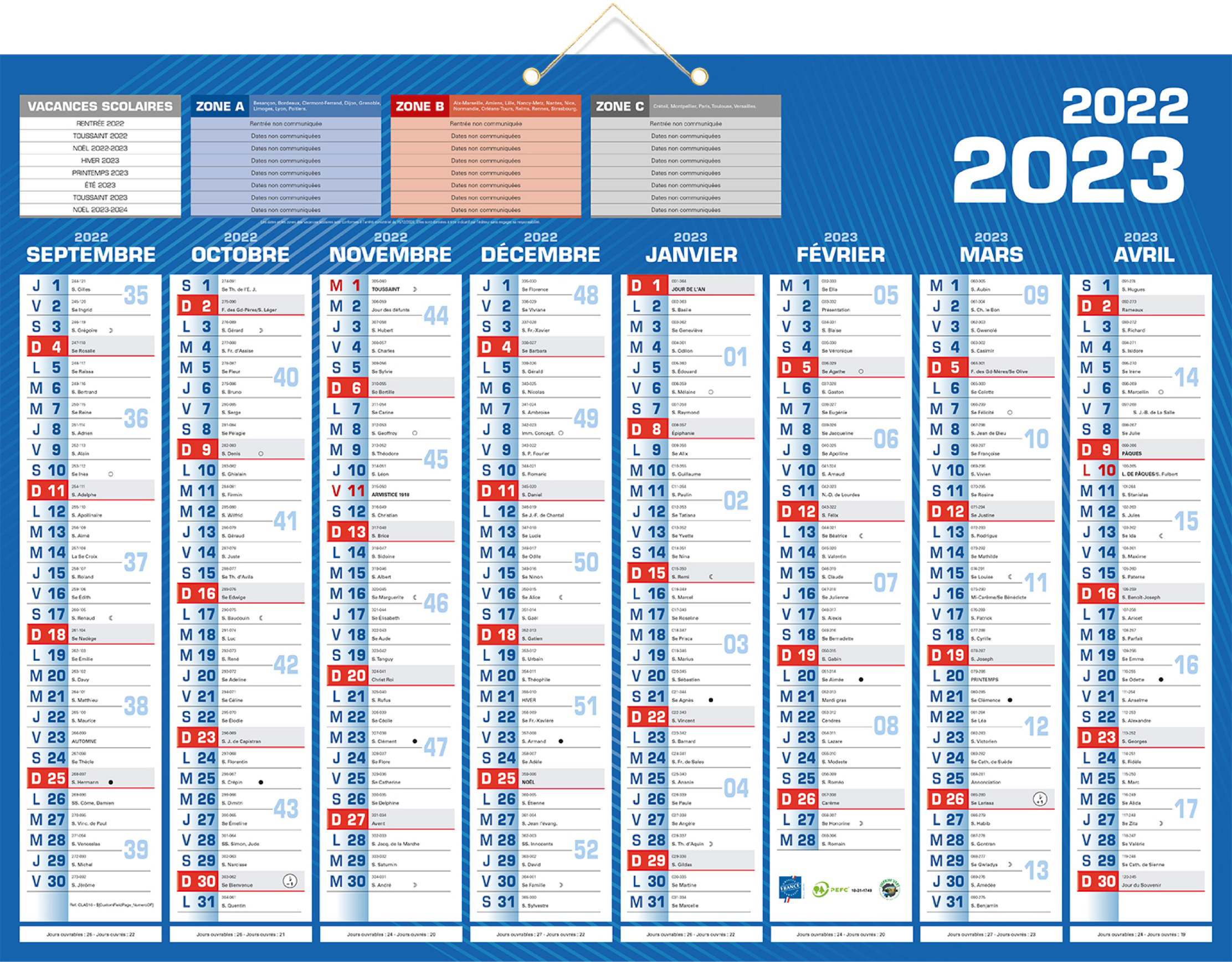 CALENDRIER GRAND FORMAT 40,5X55CM SEPTEMBRE/DÉCEMBRE K306500 - LLT